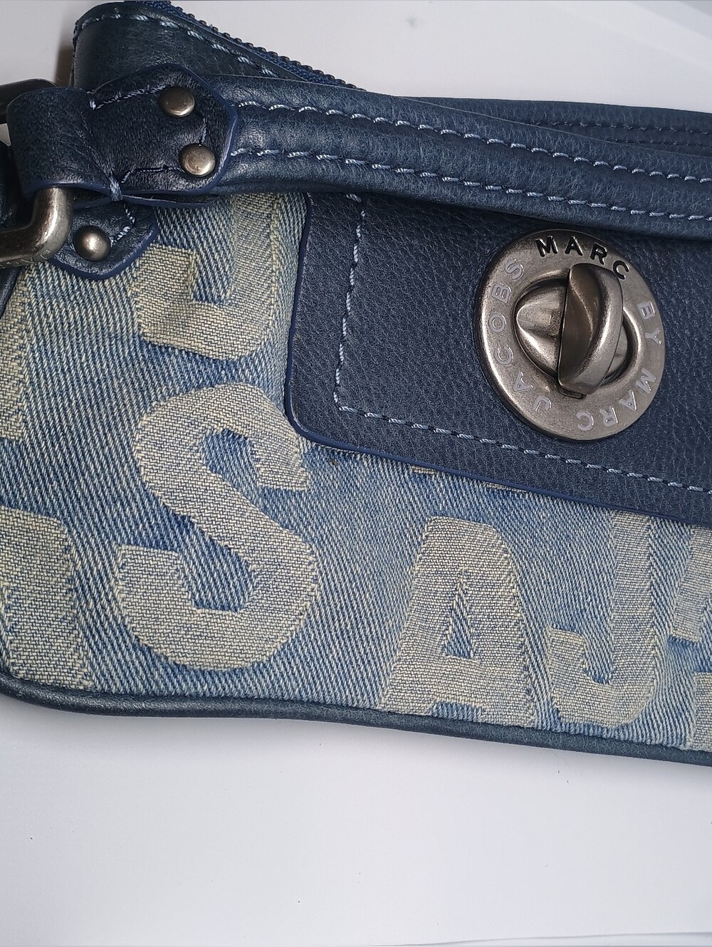 Marc by Marc Jacobs Blue Denim Logo Wristlet with Leather Trim
